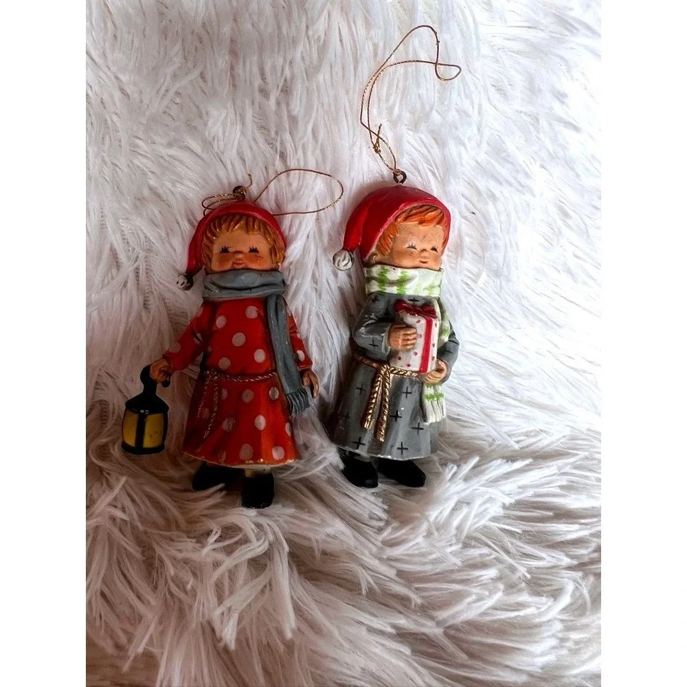 Vintage Christmas Girl & Boy Figurine Ornaments 3.5
